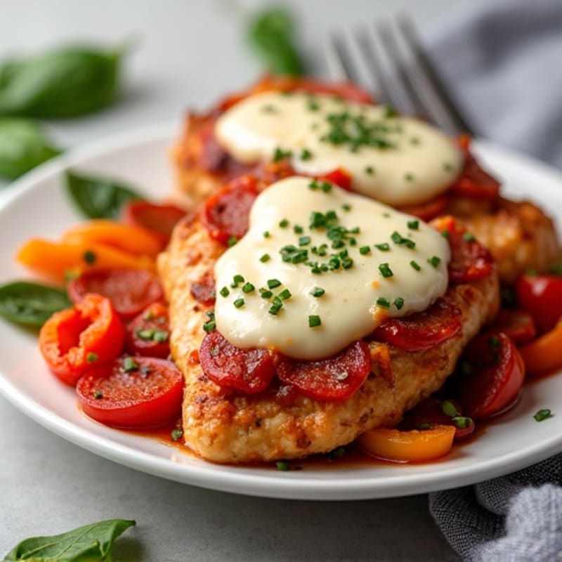 Sheet Pan Savory Chicken and Turkey Pepperoni with Roasted Peppers and Melty Mozzarella