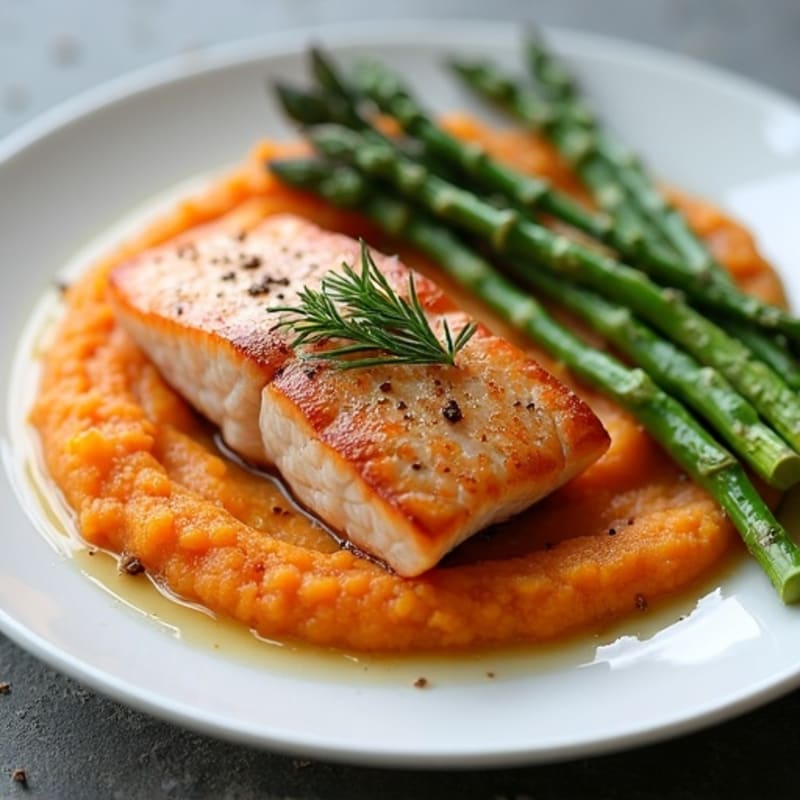 Seared Salmon with Roasted Asparagus and Sweet Potato Mash