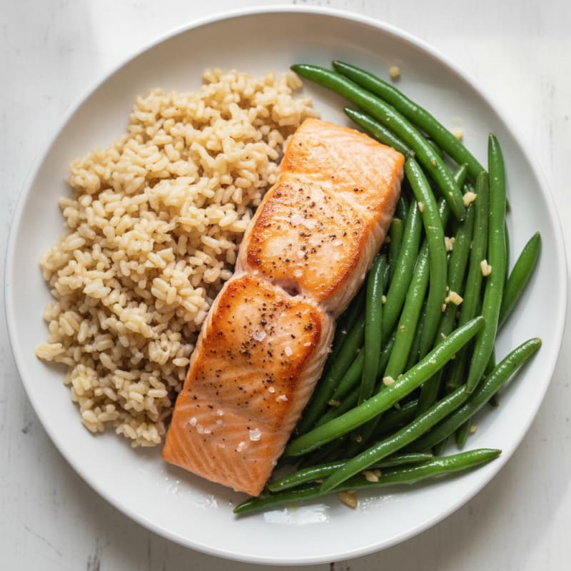 Seared Salmon with Garlic Green Beans and Brown Rice
