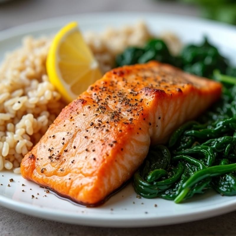 Seared Salmon Fillet with Brown Rice and Sauteed Spinach