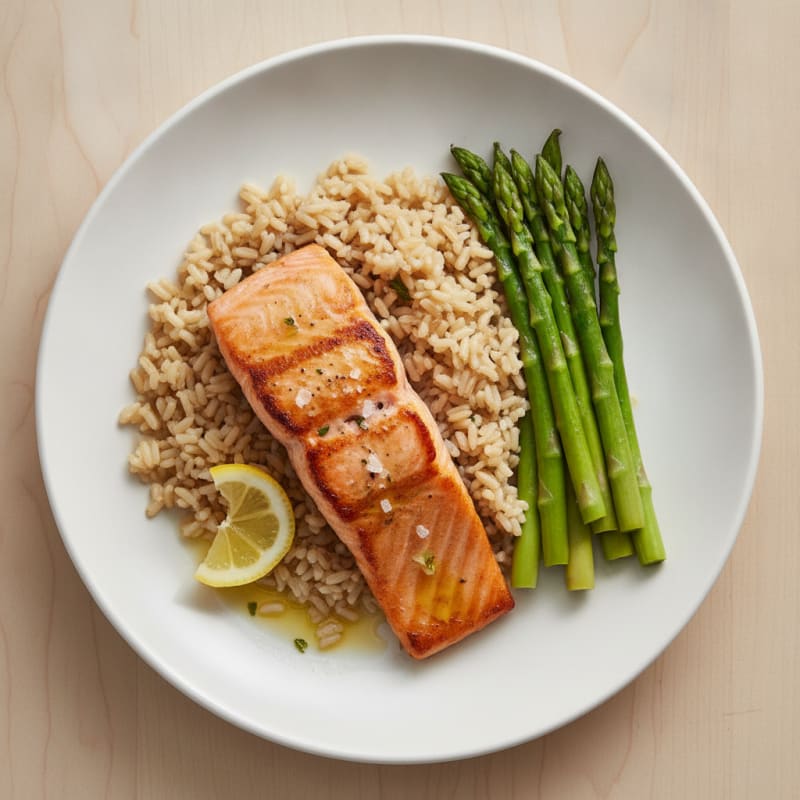 Seared Salmon Fillet with Steamed Asparagus and Brown Rice