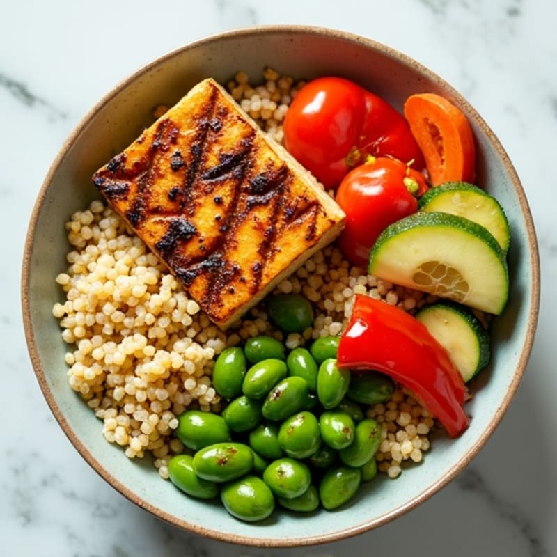 Grilled Tofu and Edamame Power Bowl with Quinoa and Roasted Vegetables