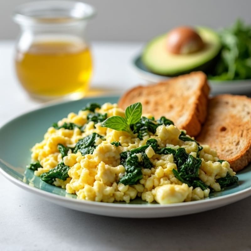 Egg White and Spinach Scramble with Cottage Cheese and Sliced Turkey