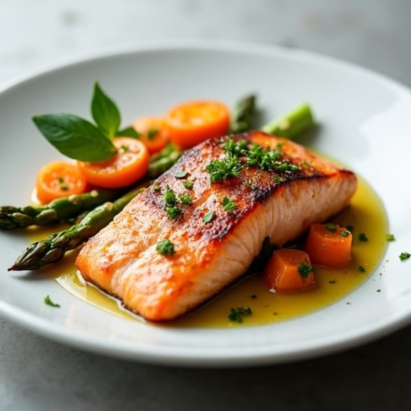 Seared Salmon with Roasted Sweet Potatoes and Asparagus