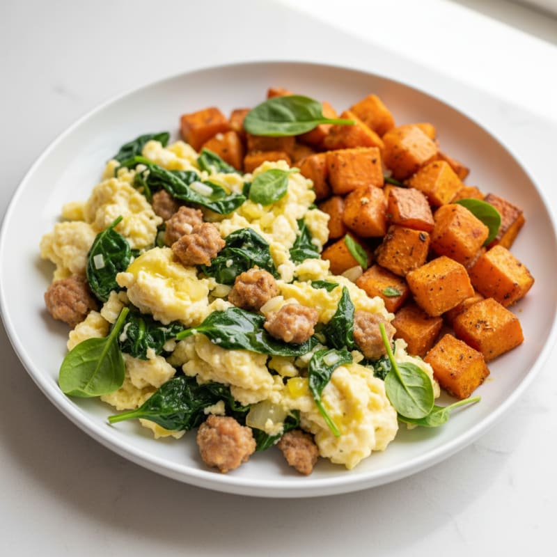 Egg White Spinach Scramble with Turkey Sausage and Roasted Sweet Potatoes