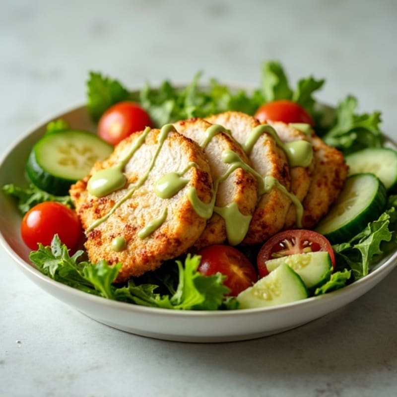 Crispy Chicken and Fresh Greens Salad with Creamy Avocado Dressing