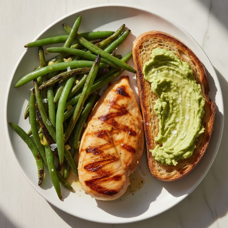 Grilled Chicken Breast with Roasted Green String Beans and Toasted Bread