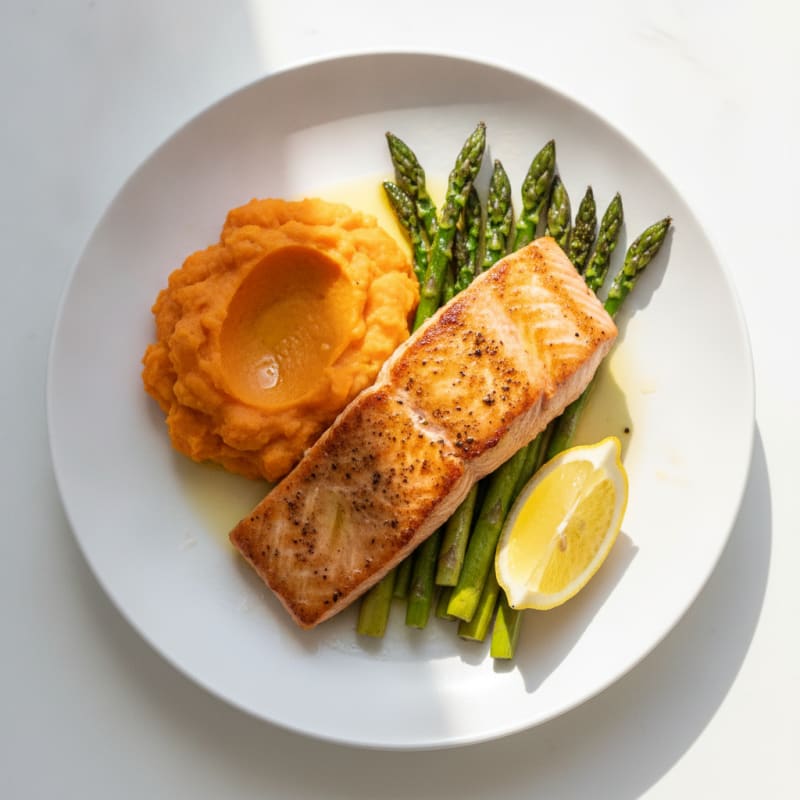 Seared Salmon with Roasted Asparagus and Sweet Potato Mash