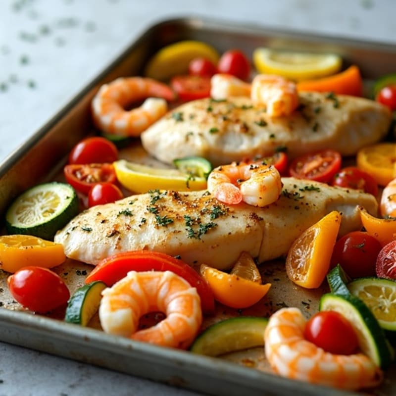 Sheet Pan Lemon Herb Chicken, Shrimp, and White Fish with Roasted Vegetables