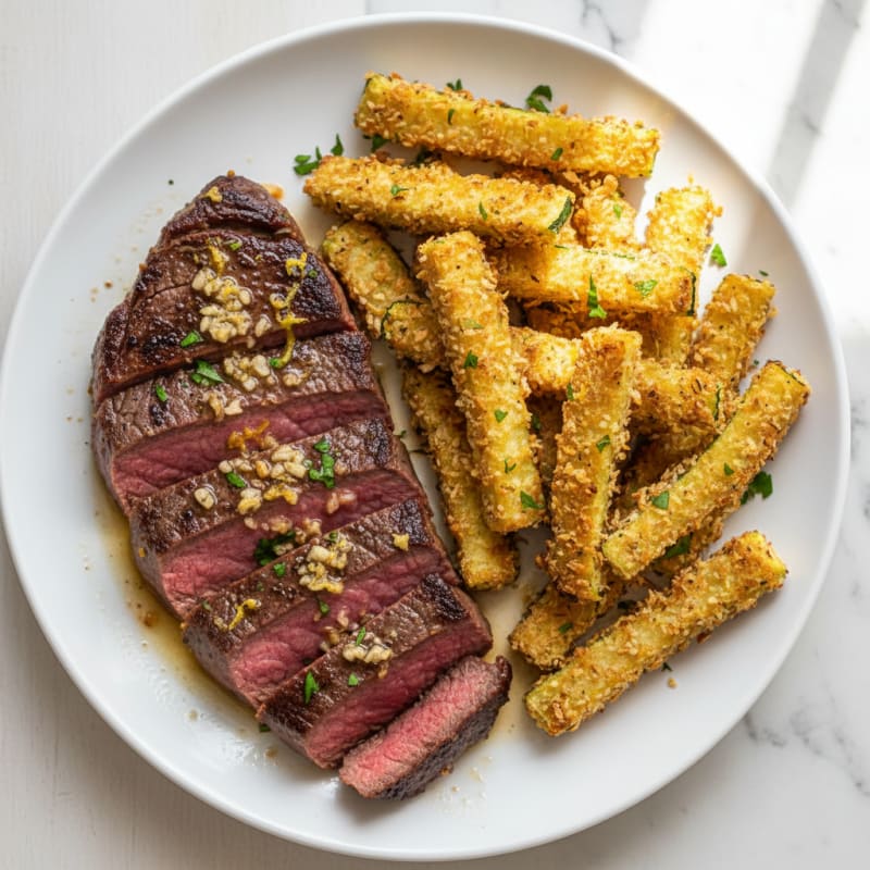 Citrus-Garlic Seared Steak with Crispy Baked Zucchini Fries