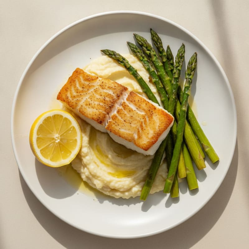 Seared Cod with Roasted Asparagus and Cauliflower Mash