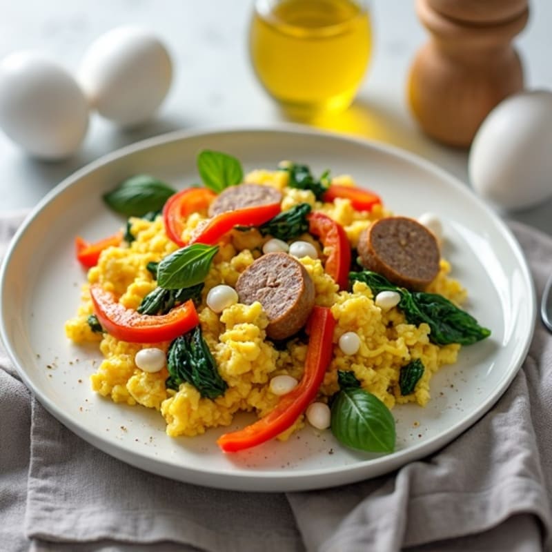 Egg White and Turkey Sausage Scramble with Spinach and Bell Peppers