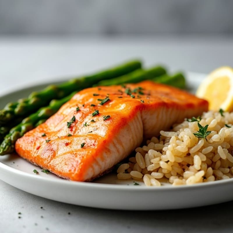Seared Salmon Fillet with Steamed Asparagus and Brown Rice