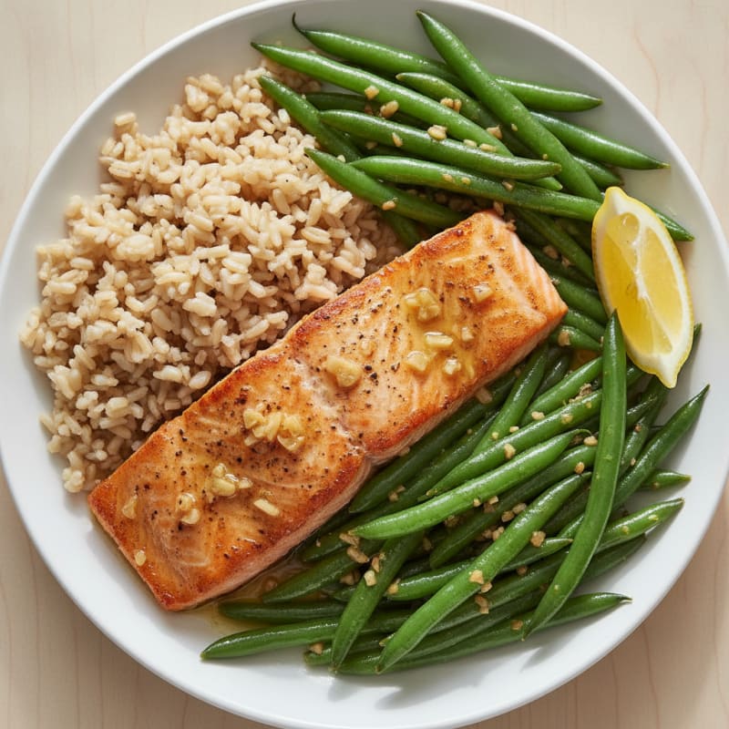 Seared Salmon with Garlic Green Beans and Brown Rice