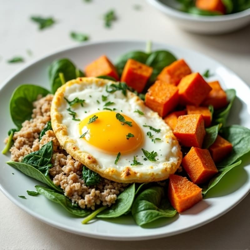 Egg White and Turkey Spinach Scramble with Roasted Sweet Potato