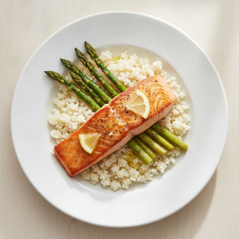 Seared Salmon with Roasted Asparagus and Cauliflower Rice