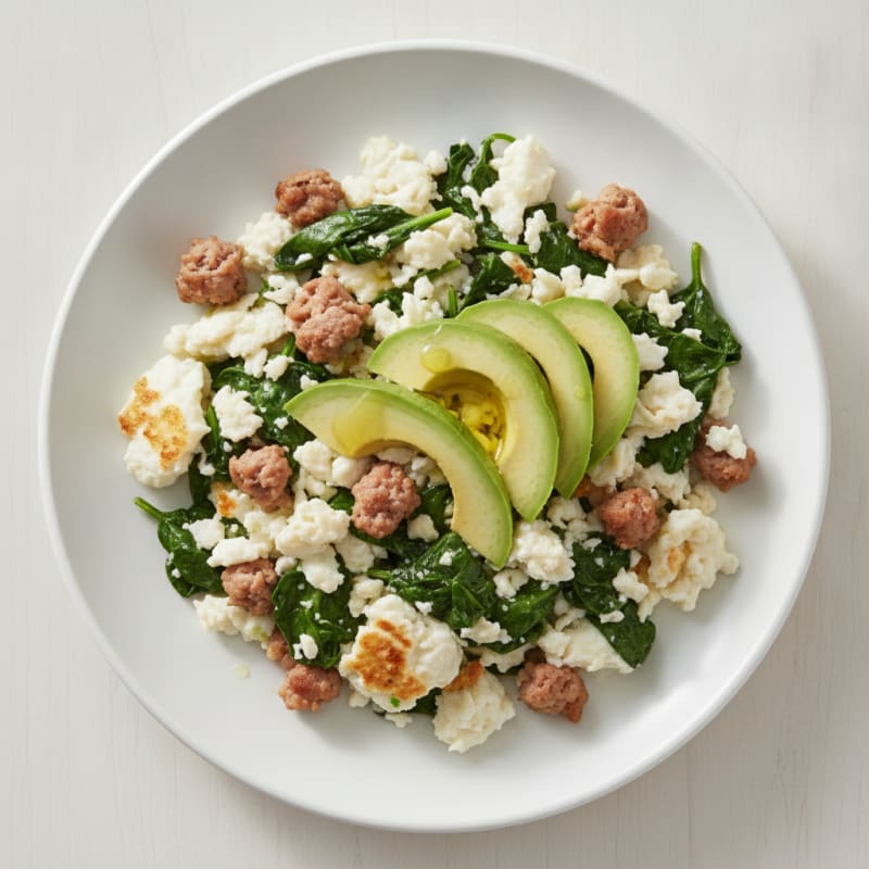 Egg White Scramble with Turkey Sausage and Sautéed Spinach