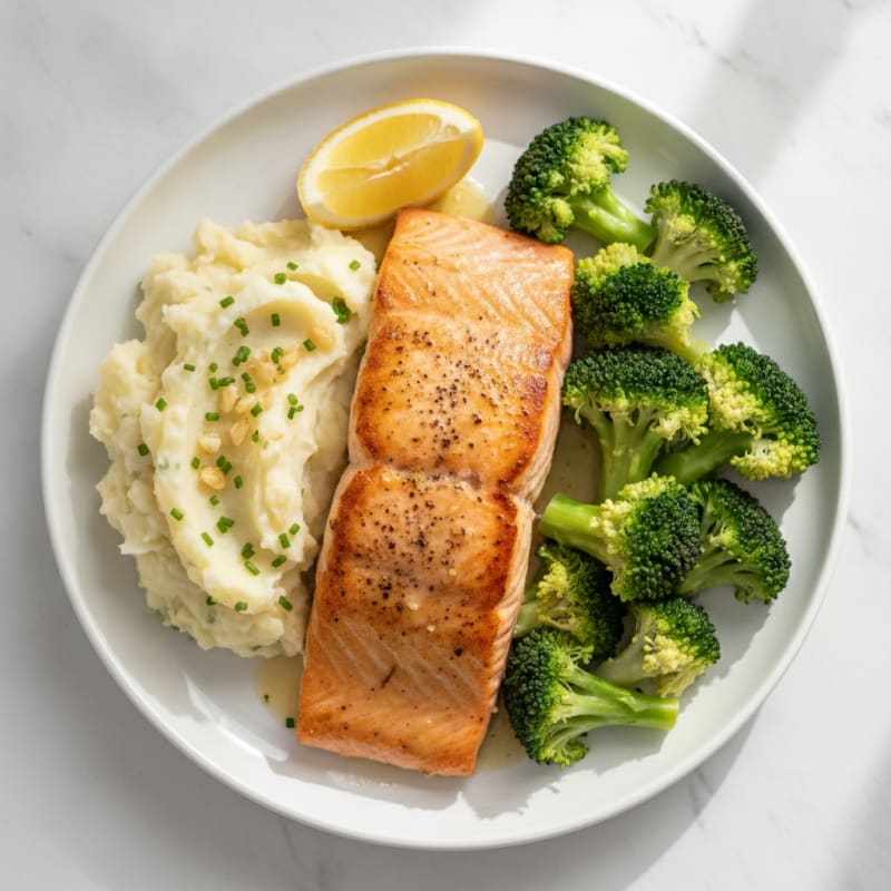 Seared Salmon with Steamed Broccoli and Garlic Mashed Potatoes