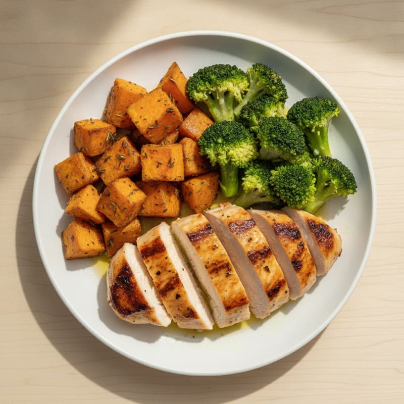 Grilled Chicken Breast with Roasted Sweet Potato and Steamed Broccoli