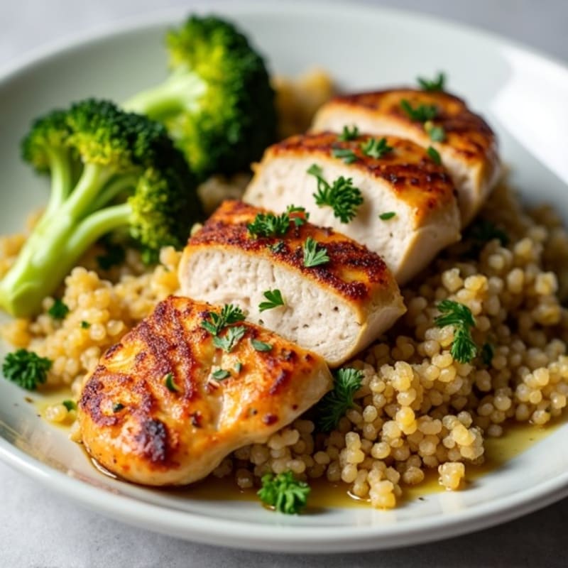 Seared Turkey Breast with Roasted Broccoli and Garlic Quinoa