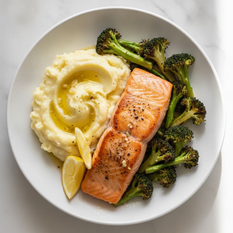 Seared Salmon Fillet with Garlic Mashed Potatoes and Roasted Broccoli