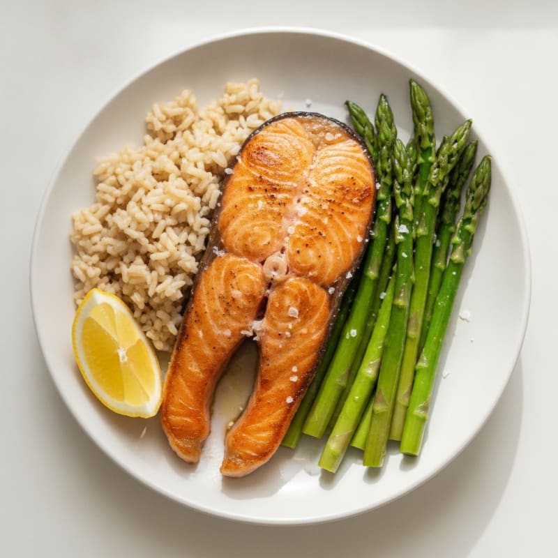 Seared Salmon with Steamed Asparagus and Brown Rice