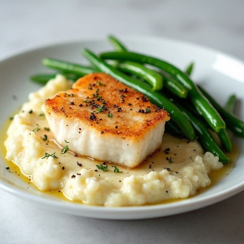 Seared Cod with Steamed Green Beans and Cauliflower Mash