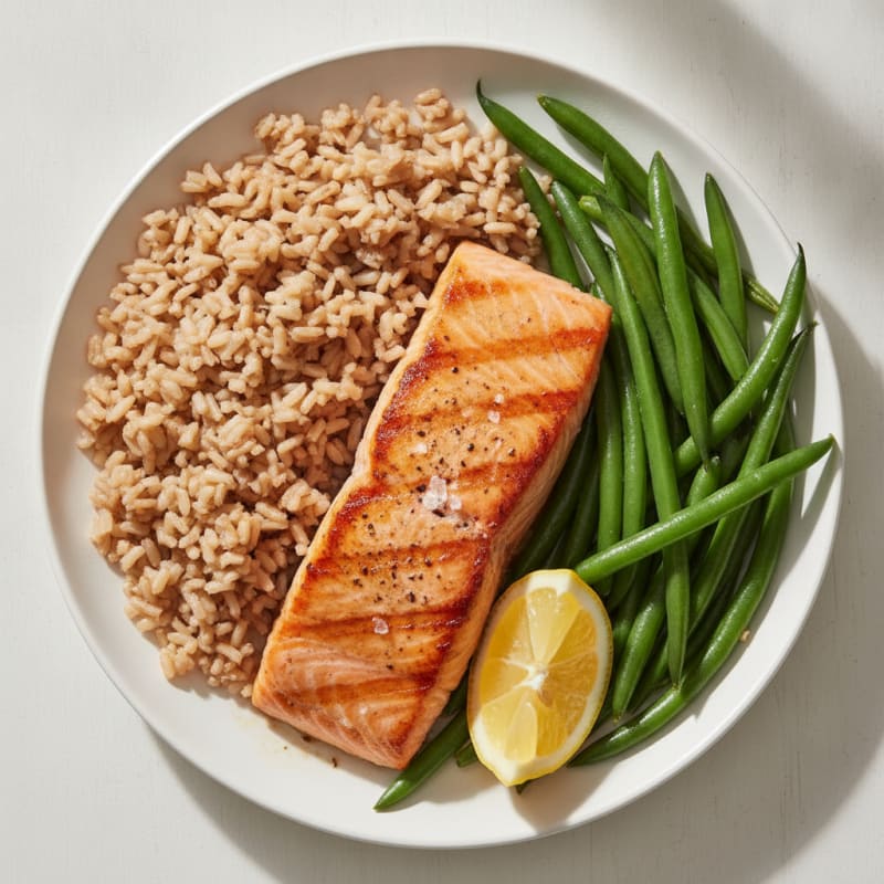 Seared Salmon with Steamed Green Beans and Brown Rice