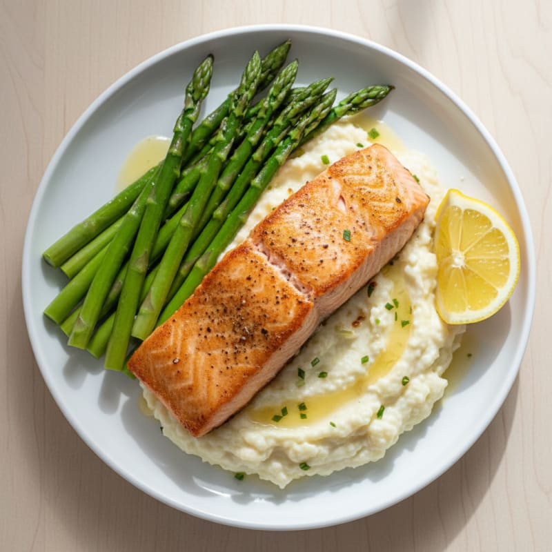 Seared Salmon with Steamed Asparagus and Garlic Cauliflower Mash