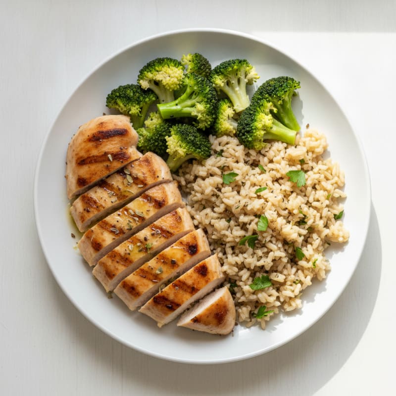 Grilled Chicken Breast with Steamed Broccoli and Herb Rice