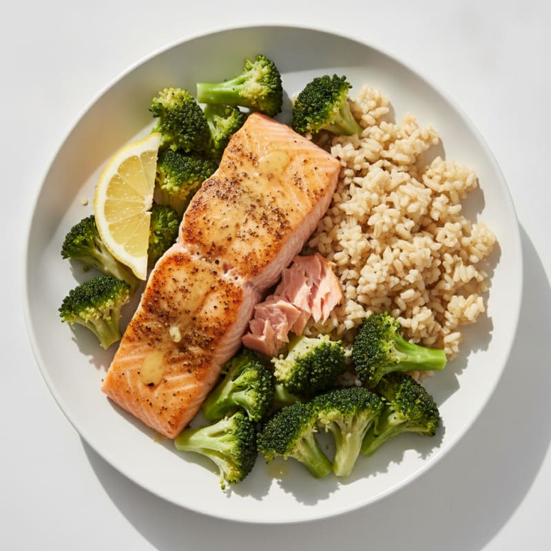 Seared Salmon with Steamed Broccoli and Brown Rice