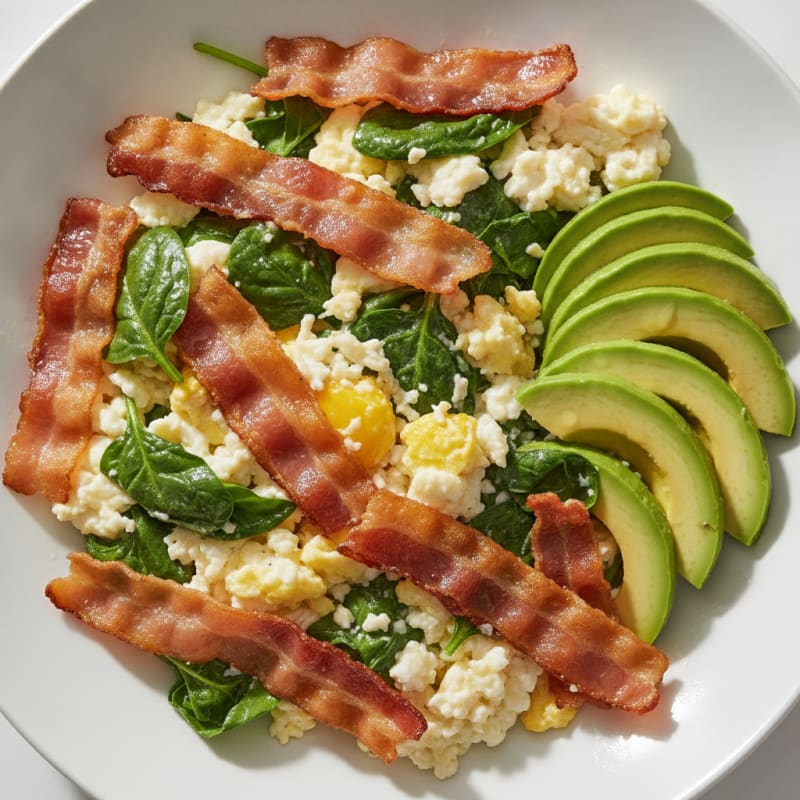 Crispy Turkey Bacon Egg White Scramble with Spinach