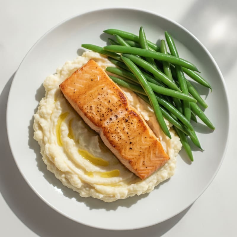 Seared Salmon with Steamed Green Beans and Garlic Mashed Cauliflower