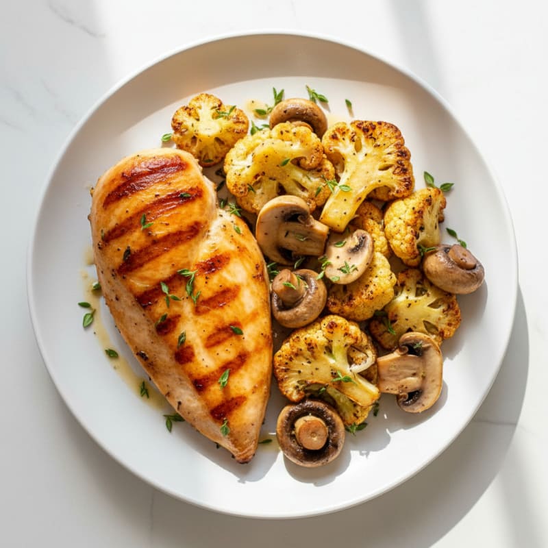 Grilled Chicken Breast with Roasted Cauliflower and Garlic Mushrooms