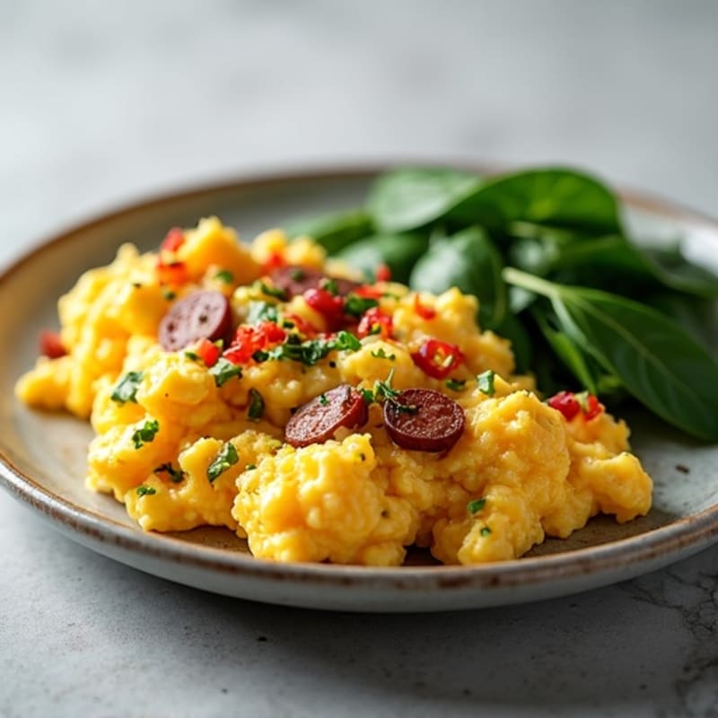Fluffy Scrambled Eggs with Turkey Sausage and Sautéed Spinach
