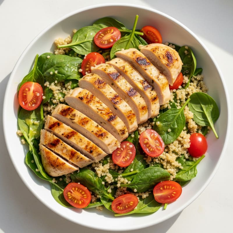 Grilled Chicken and Quinoa Bowl with Spinach and Cherry Tomatoes