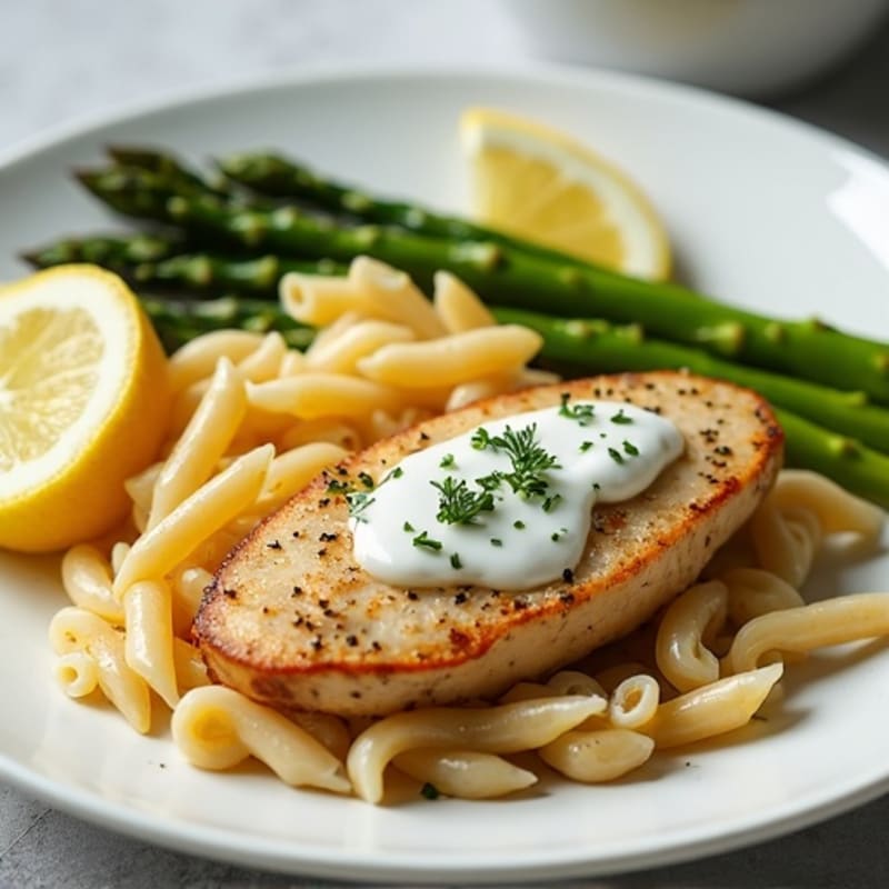 Creamy Lemon Herb Chicken Pasta with Roasted Asparagus