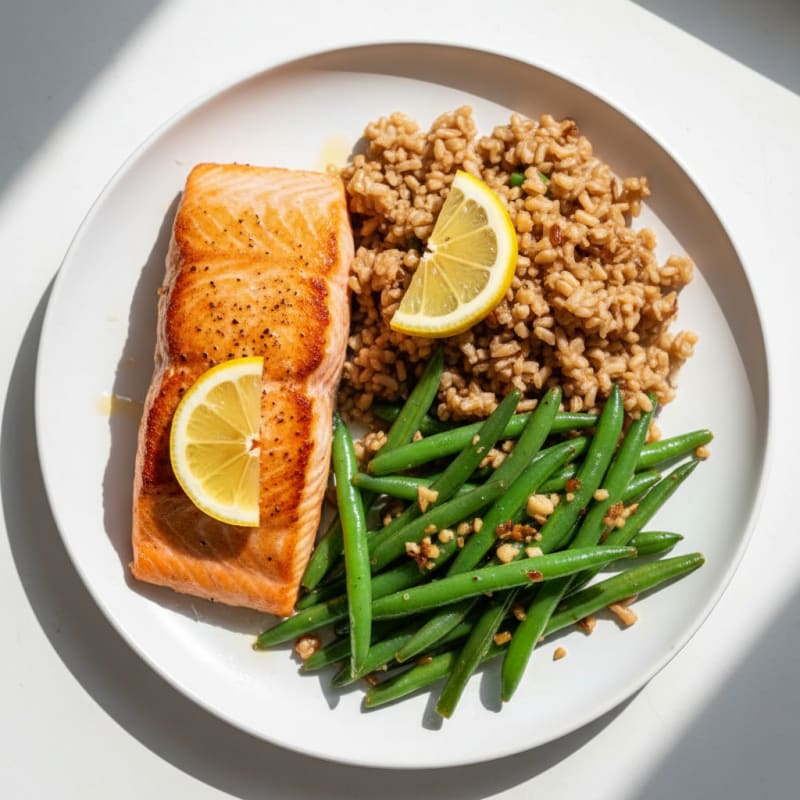 Seared Salmon with Garlic Green Beans and Brown Rice