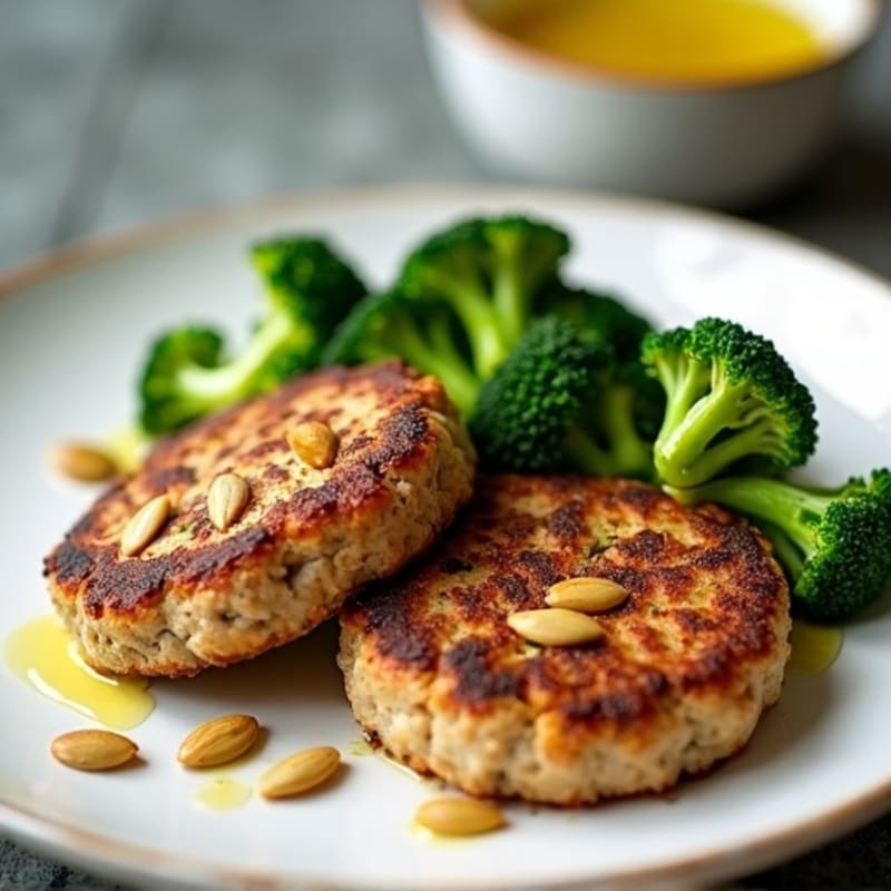 Seared Turkey Patties with Roasted Pumpkin Seeds and Steamed Broccoli