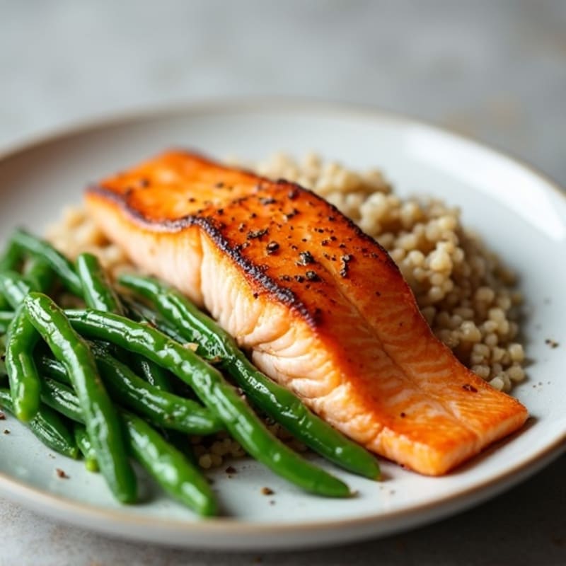 Seared Salmon with Steamed Green Beans and Brown Rice