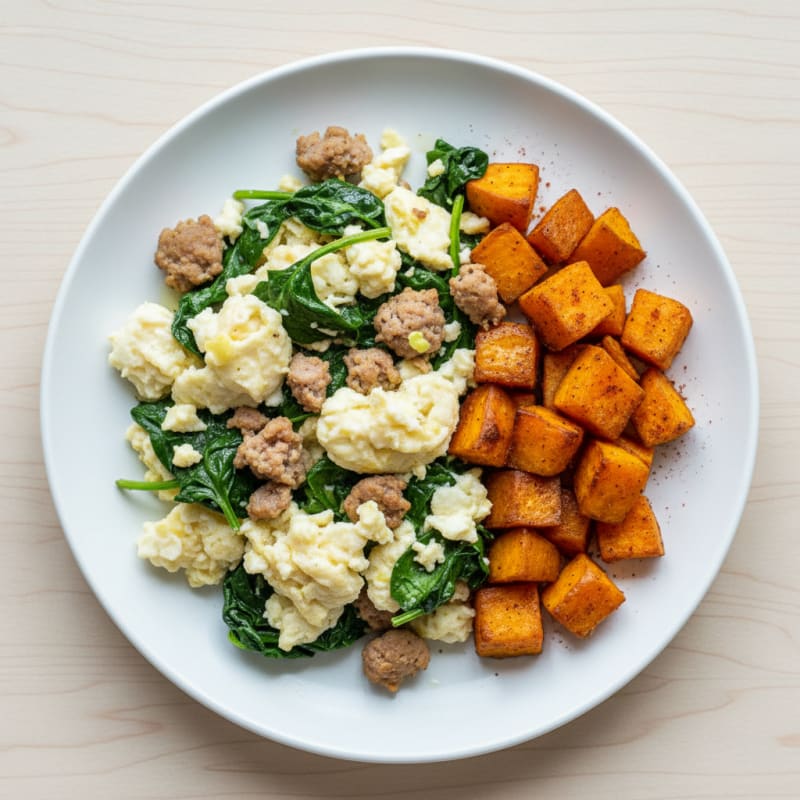 Egg White and Turkey Sausage Scramble with Spinach and Roasted Sweet Potatoes
