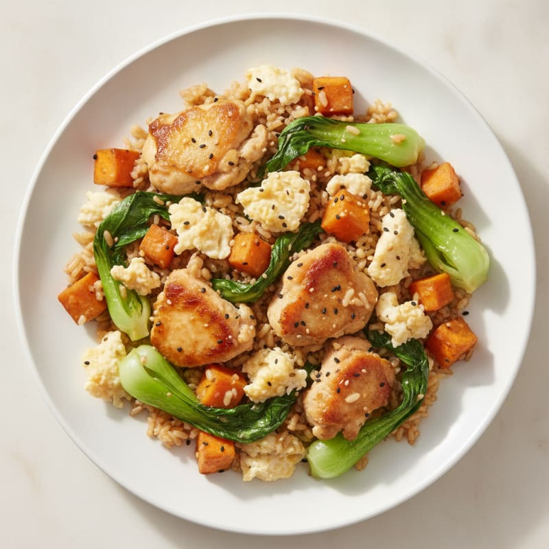 Egg White and Chicken Thigh Scramble with Sautéed Bok Choy