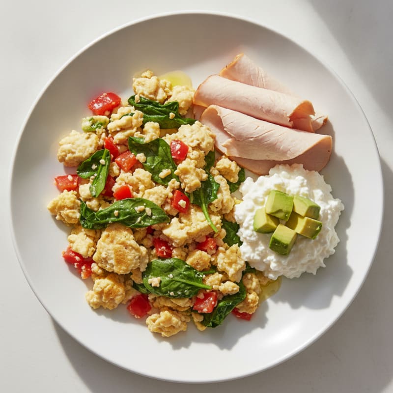 Egg White Veggie Scramble with Cottage Cheese and Sliced Turkey