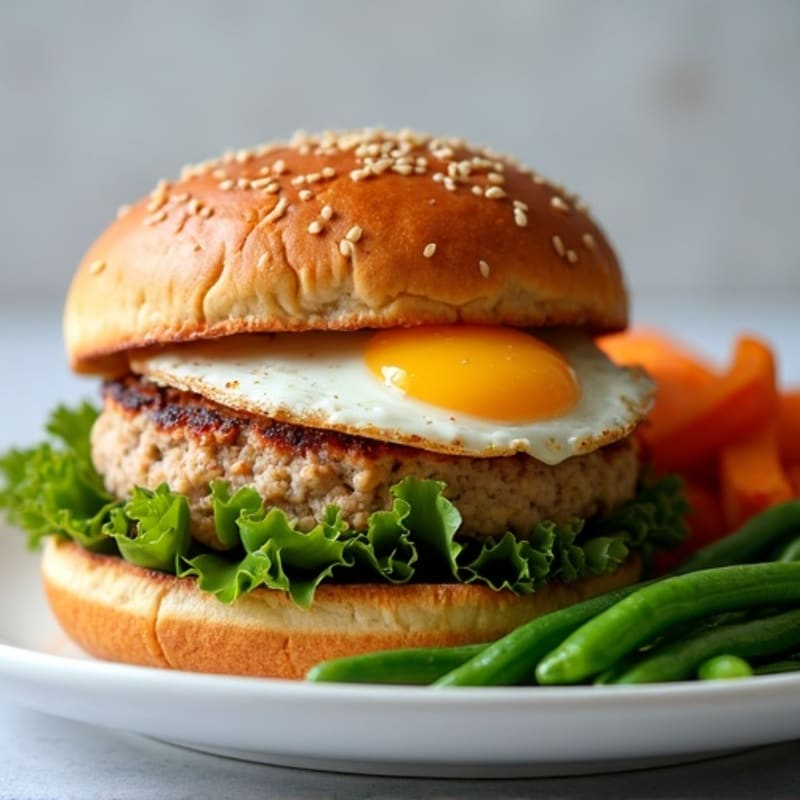 Grilled Turkey Burger with Roasted Sweet Potato Fries and Steamed Green Beans