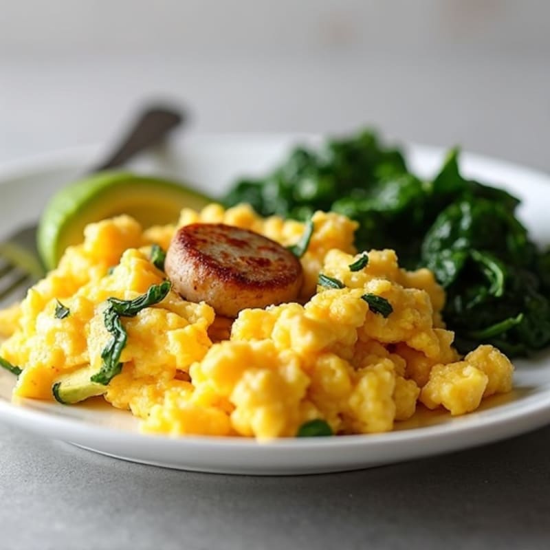 Scrambled Egg Whites with Turkey Sausage and Sautéed Spinach