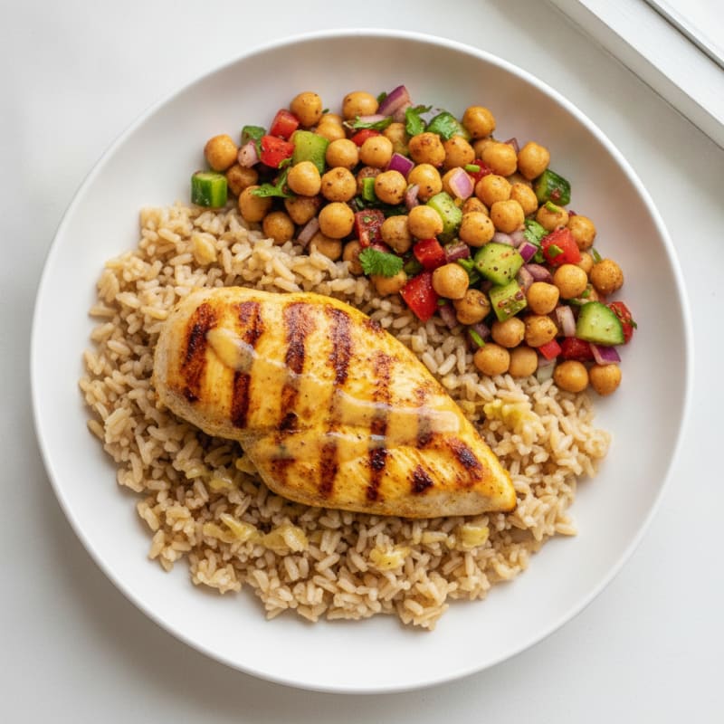 Grilled Chicken Breast with Brown Rice and Spiced Chickpea Salad