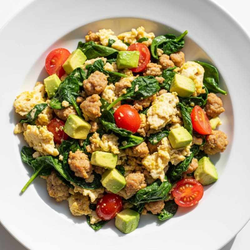 Egg White and Turkey Sausage Scramble with Spinach and Tomatoes
