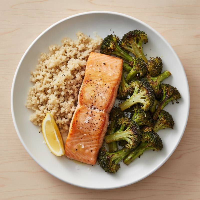 Seared Salmon with Roasted Broccoli and Quinoa