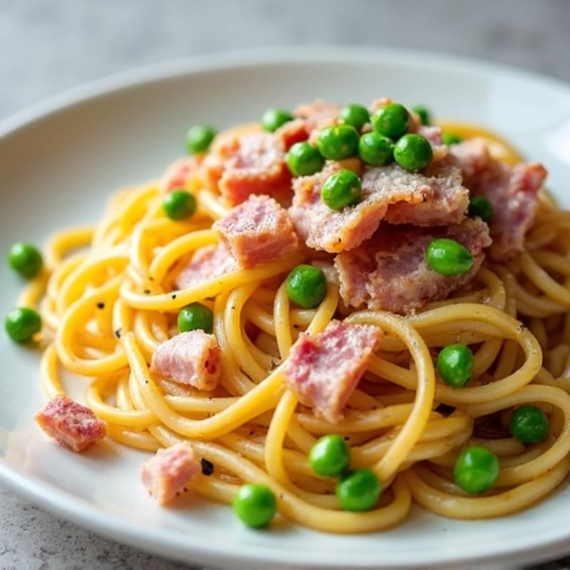 Creamy Lean Turkey Bacon Carbonara with Whole Wheat Spaghetti and Peas