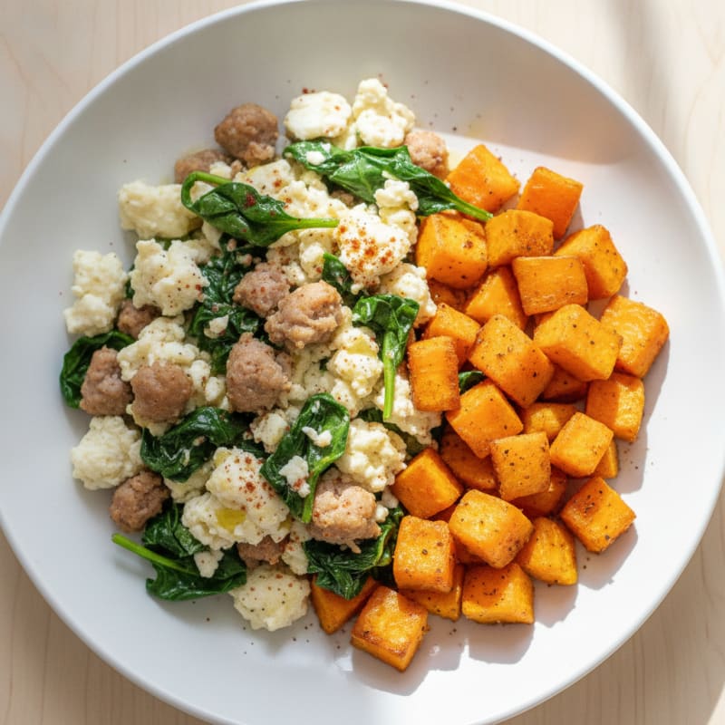 Egg White and Turkey Sausage Scramble with Spinach and Roasted Sweet Potato